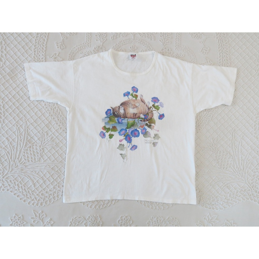 Vintage Dolphin Shirt Company Morning Glory Cat T-Shirt XL White Cotton USA